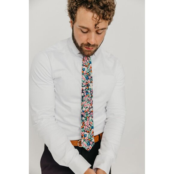 Men's Skinny Tie Floral Print Cotton Necktie Great for Weddings Abyss - Picture 5 of 8